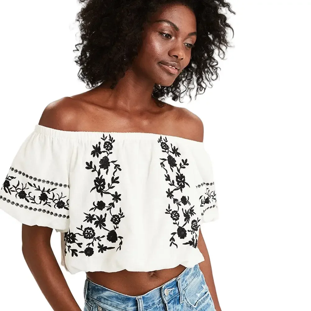 American Eagle Embroidered Off-Shoulder White Crop Top Blue small